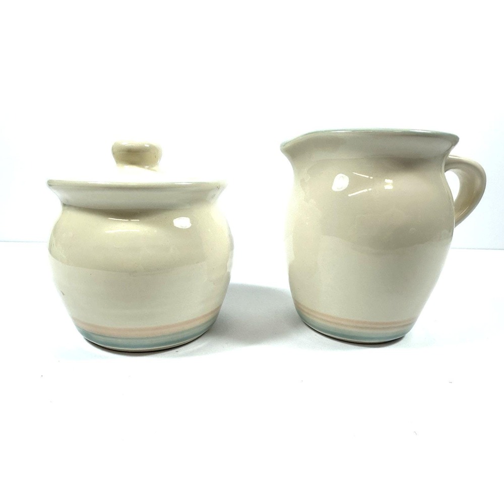 PFALTZGRAFF Sunrise Creamer Sugar Bowl Set Peach/Pink Blue Stripe Stoneware Vtg